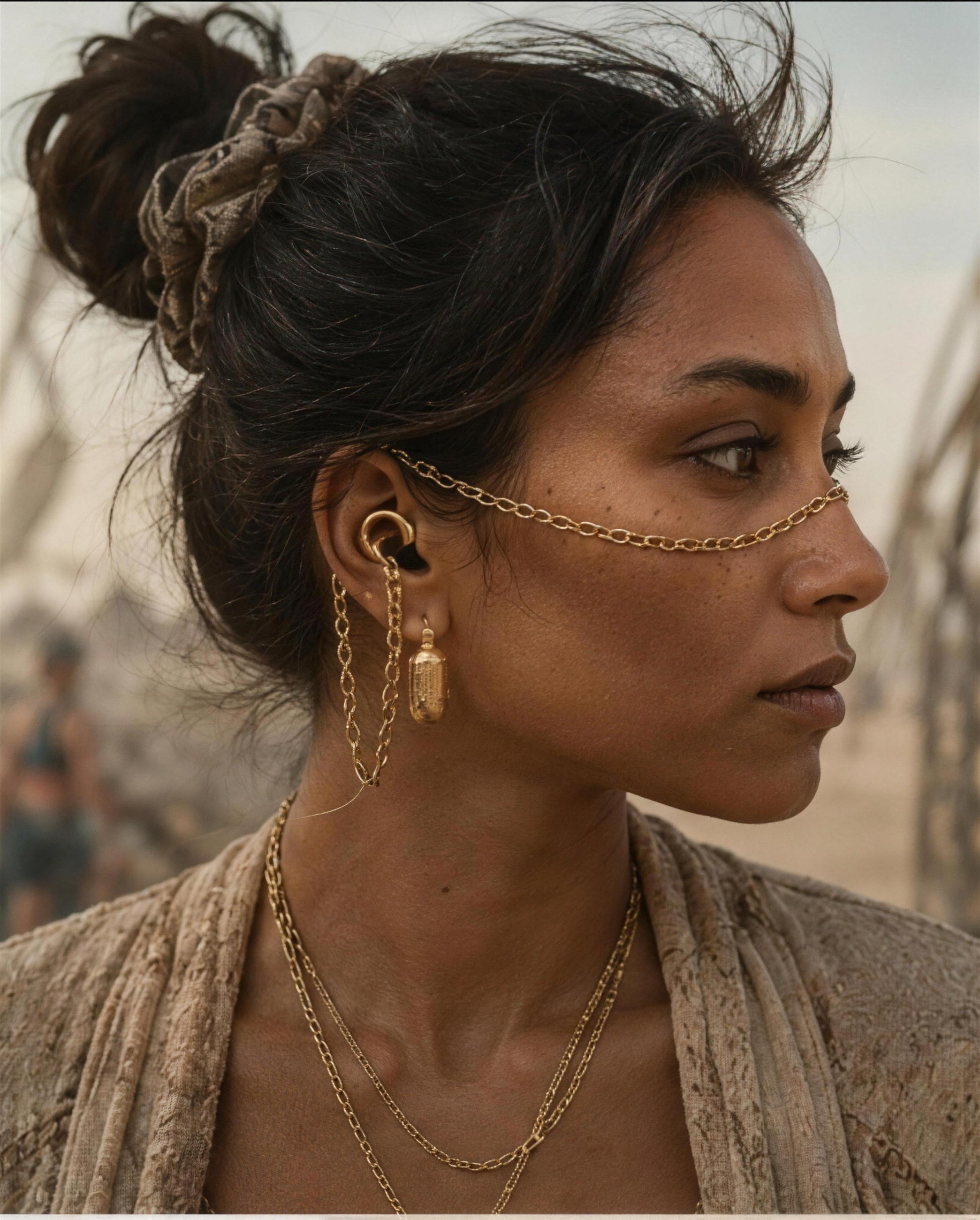 A woman wearing the ARKS gold chain across her face, ear to ear over the bridge of the nose.