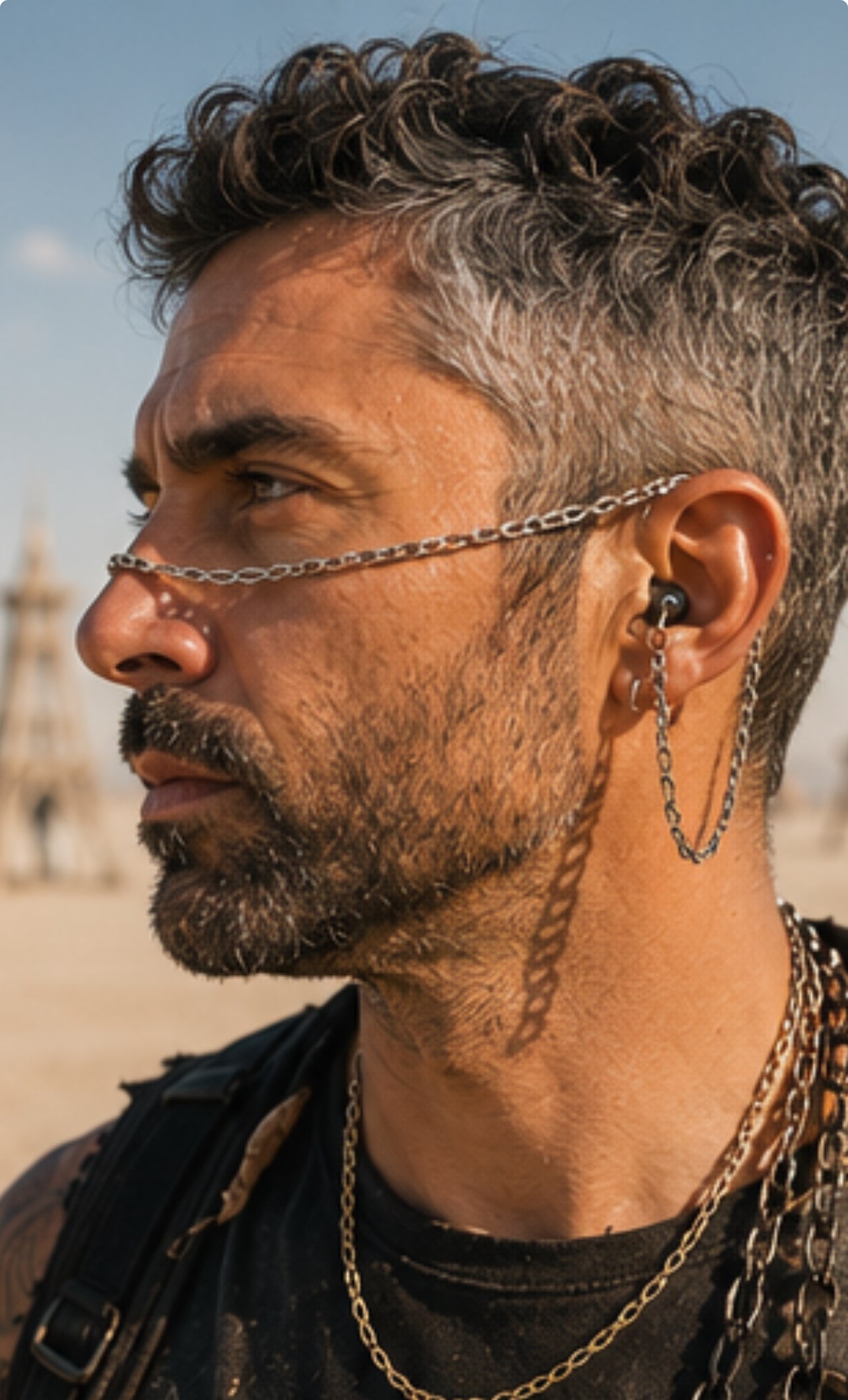 ARKS silver chain worn in-ear with drop chain