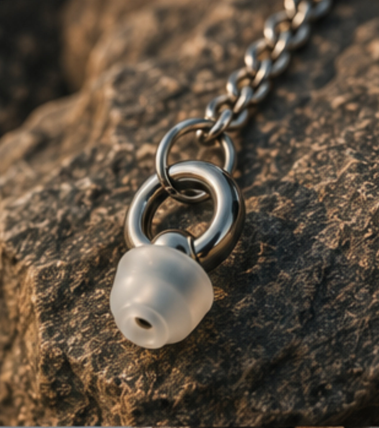 ARKS silver chain and loop earplug hardware close-up