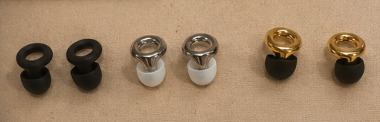 ARKS earplug connector color options: silver, gold, and gunmetal