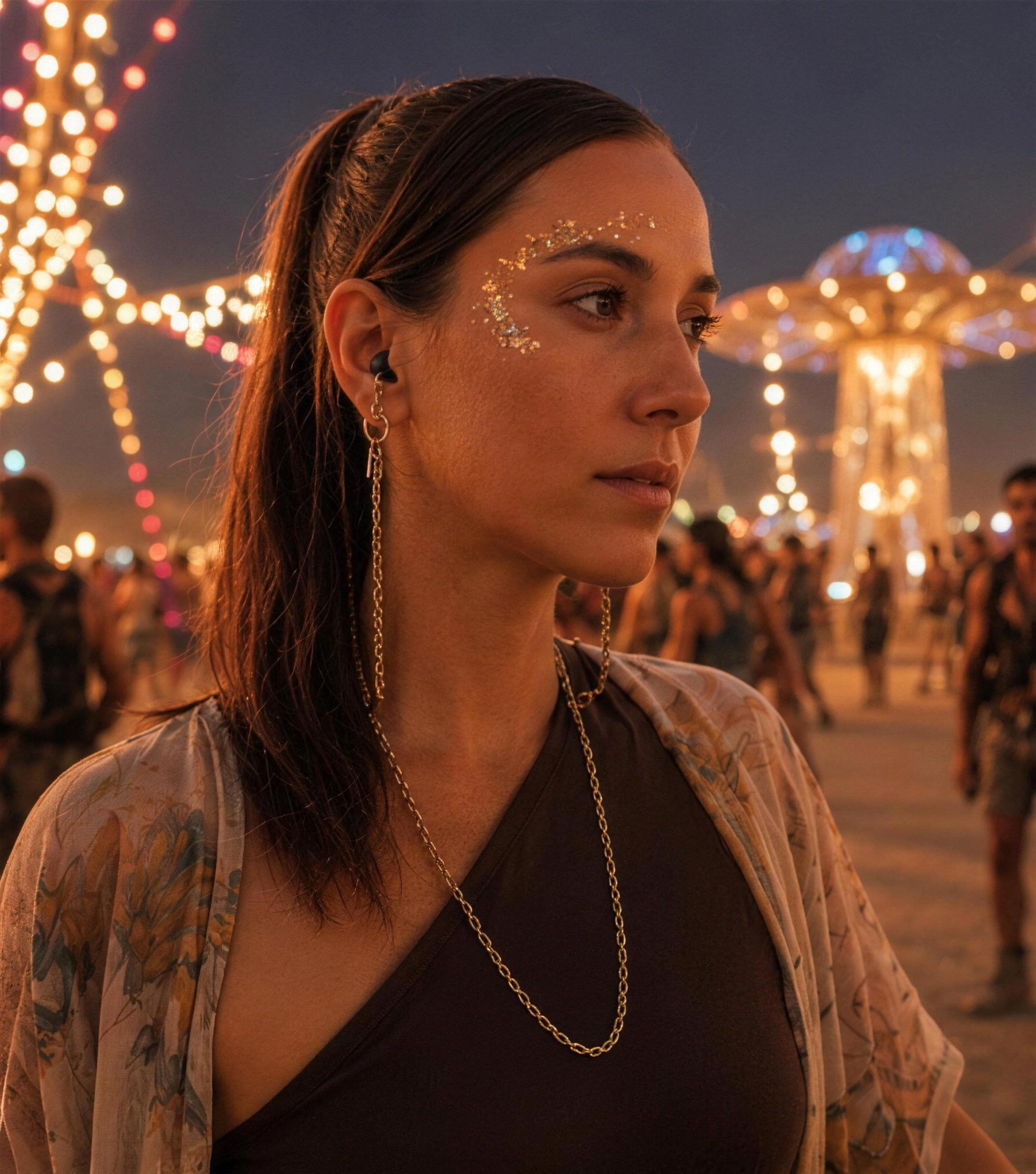 A woman under festival lights wearing ARKS, the chain hanging from her ear.