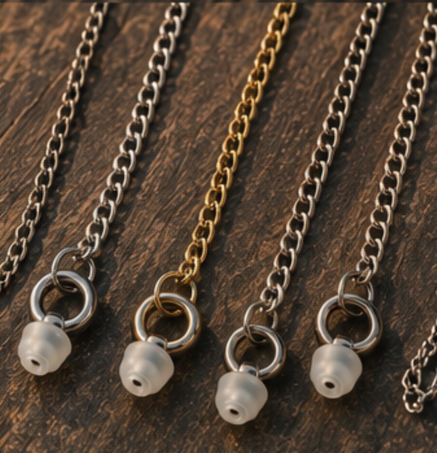 Four ARKS chains in silver, gold and gunmetal, each ending in a ring with an earplug.