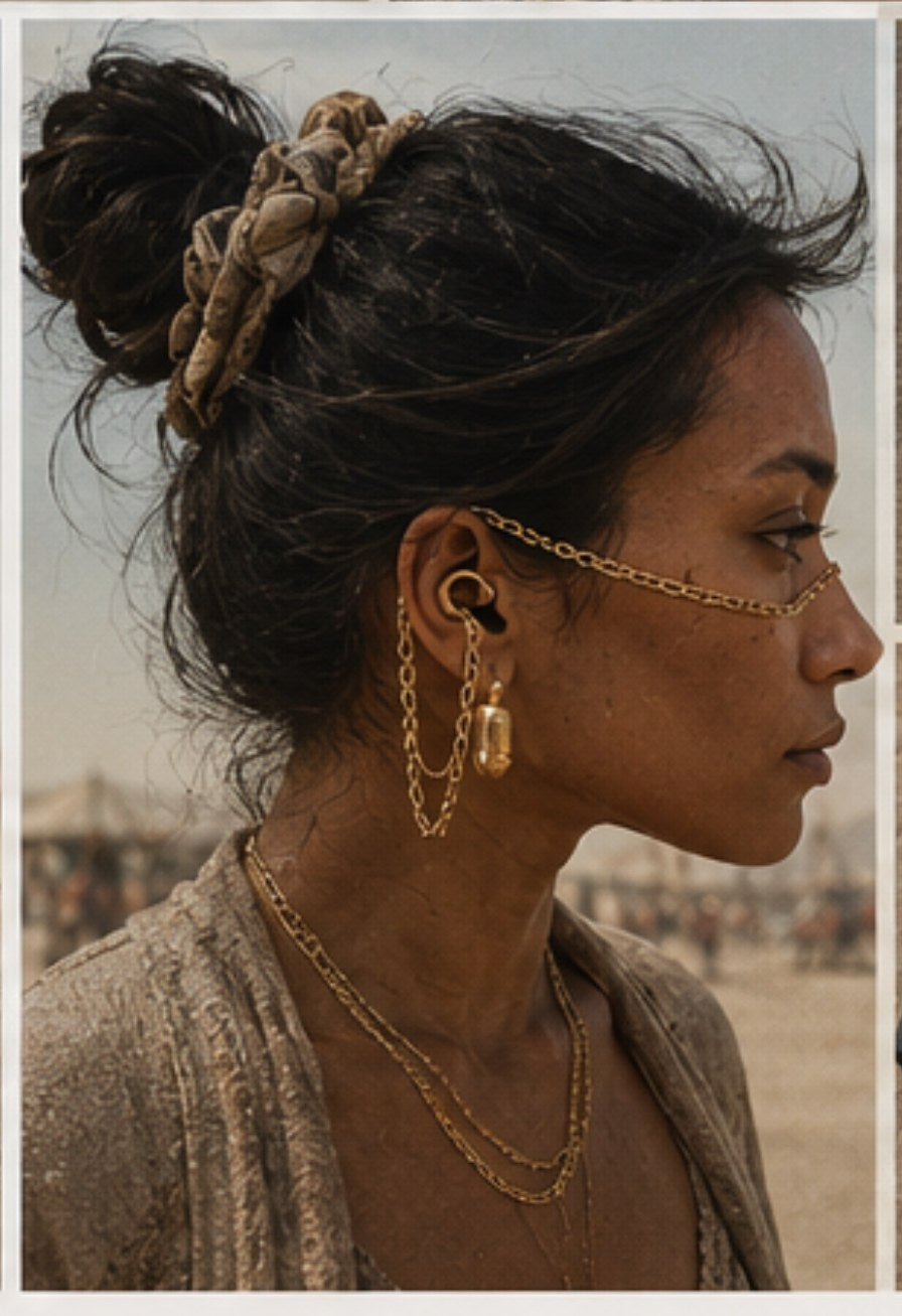 A woman wearing the gold ARKS chain across her face.