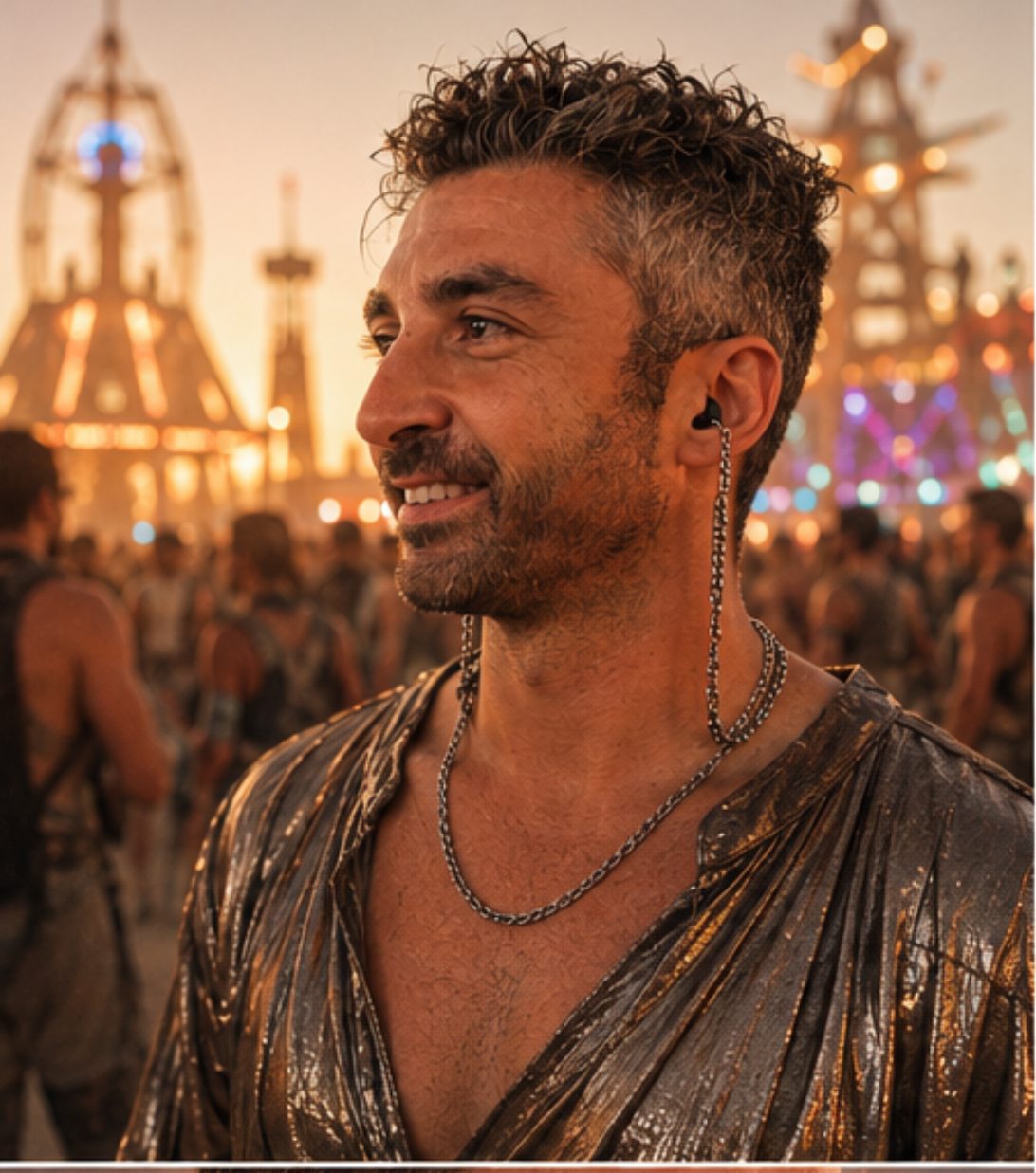 A crowd at a desert festival at golden hour, a man in the foreground wearing ARKS.