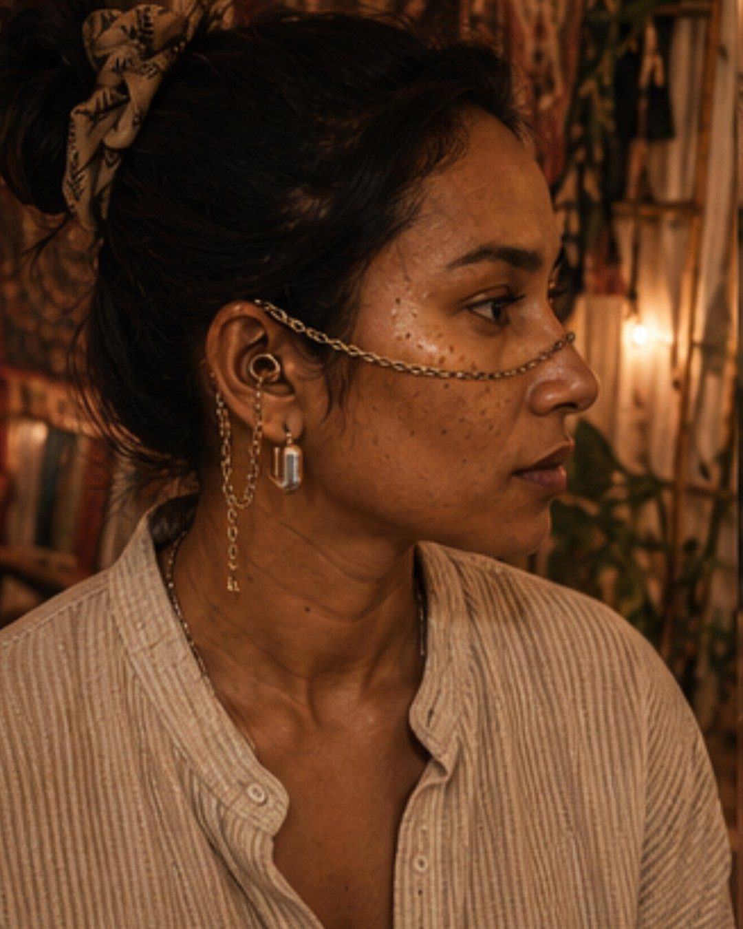 A woman indoors the morning after a festival, still wearing her ARKS chain.