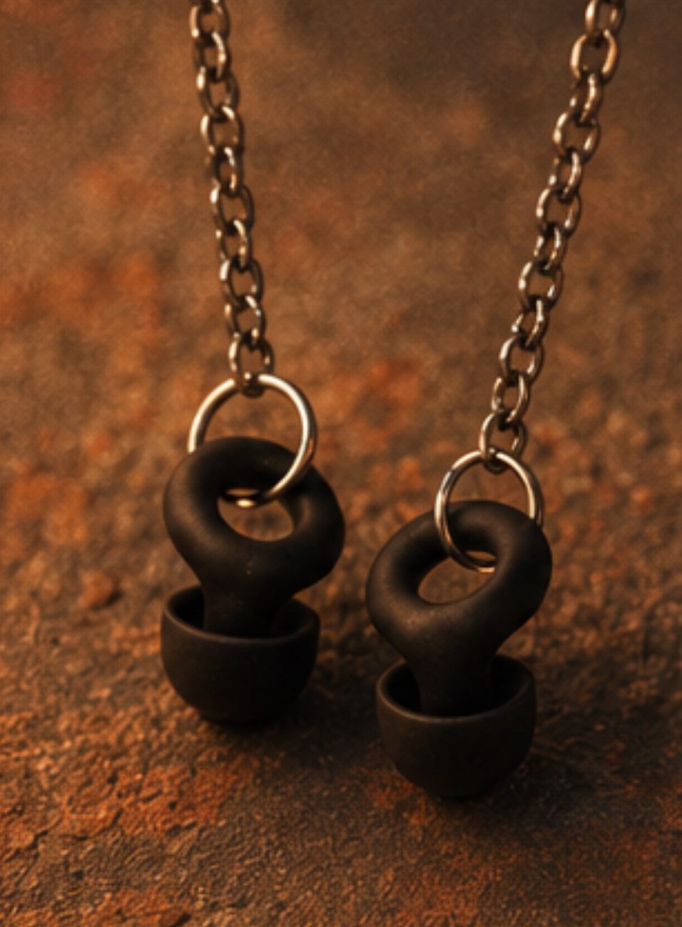 A pair of black ARKS earplugs hanging from their chains.